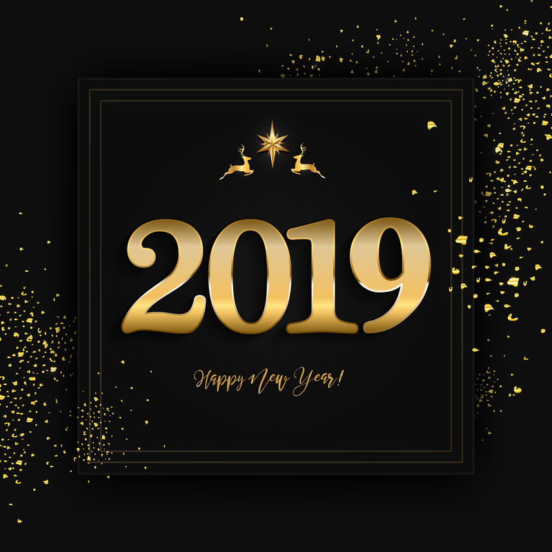 黑色背景下的新年快乐设计布局（2019年和C年）