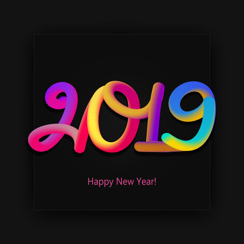 2019年新年快乐卡，黑色BAC上有彩色霓虹灯图案