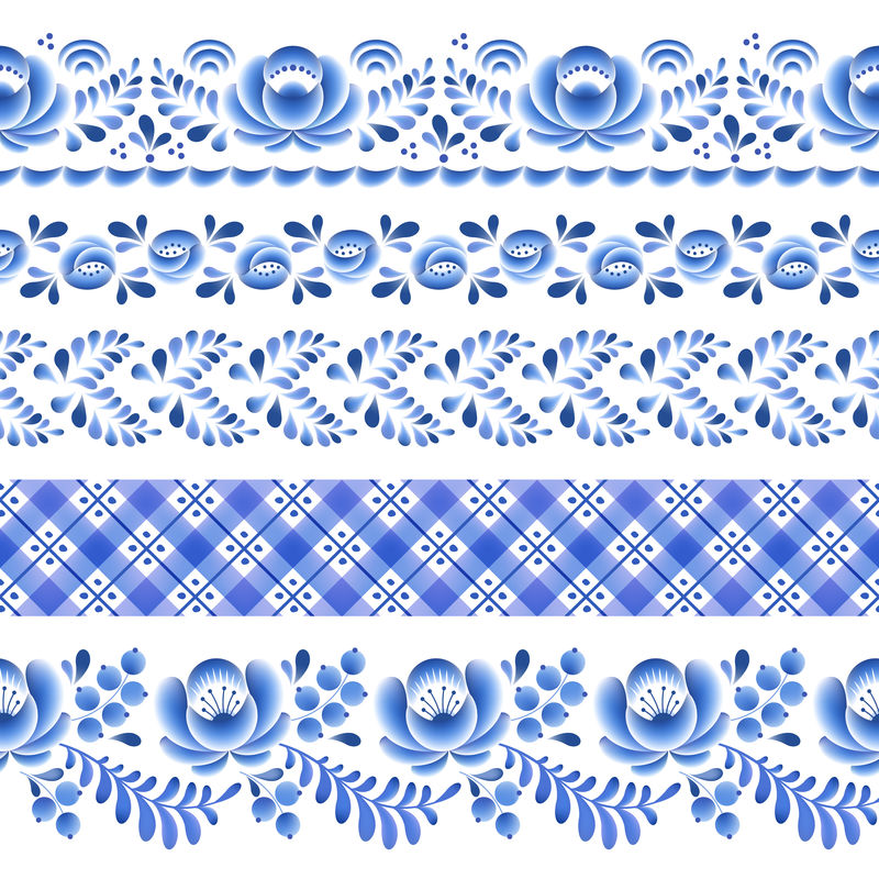 蓝色花朵，俄罗斯瓷器，美丽的民间装饰。