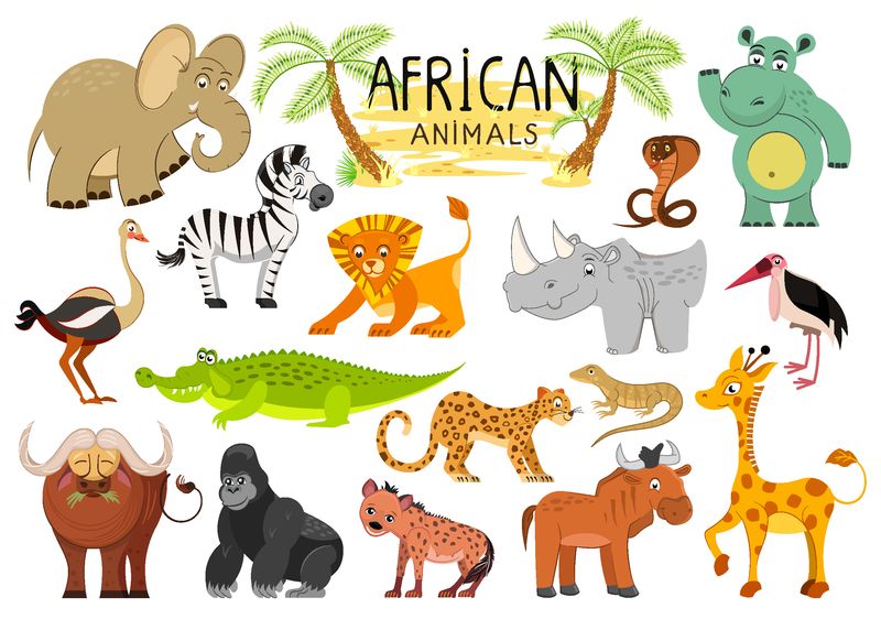 白底非洲动物收藏-矢量图解