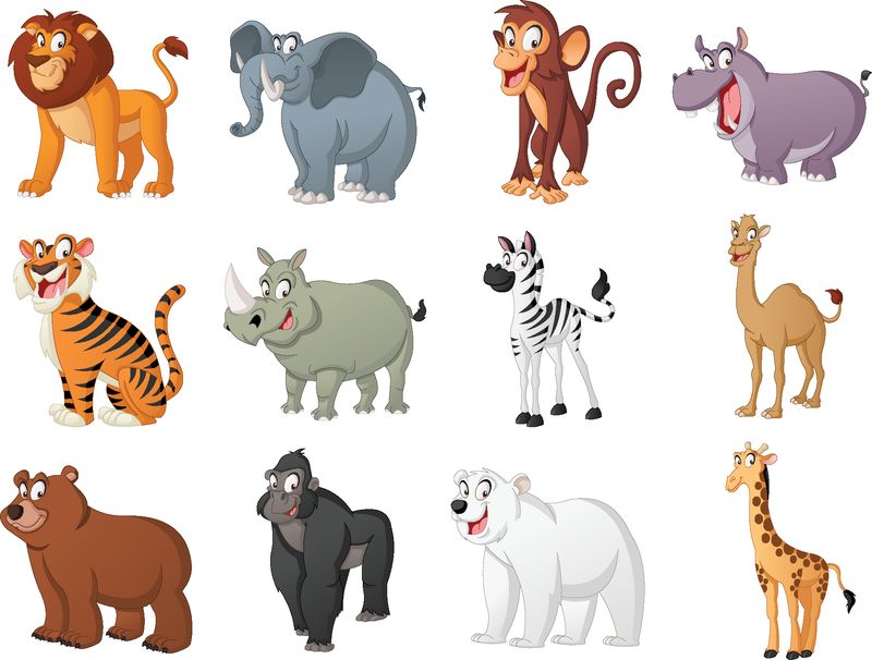 一群大型卡通动物-有趣的快乐动物的矢量图