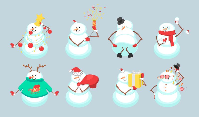 一套可爱的圣诞雪人-有趣的冬季角色-矢量图解