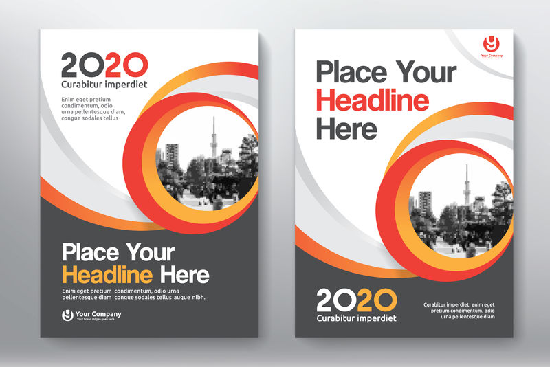 橙色配色方案与城市背景商务书籍封面设计模板A4-能适应宣传册、年报、杂志、海报、公司介绍、档案袋、宣传单、条幅、网站