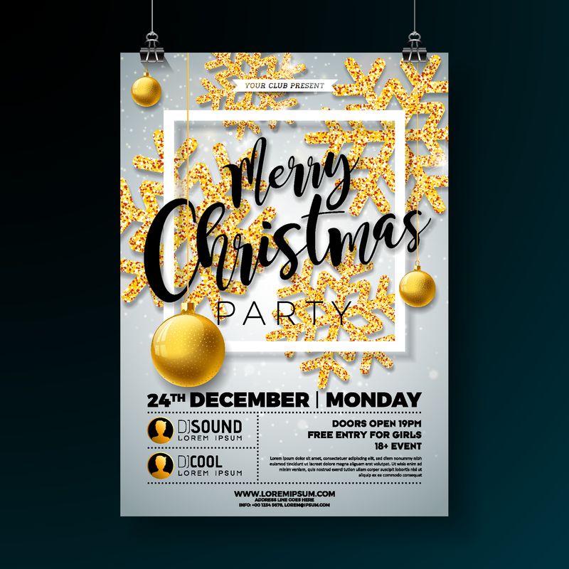 圣诞聚会传单插图-白色背景上有闪闪发光的金色雪花和印刷字体-矢量节日庆典海报设计模板邀请或横幅