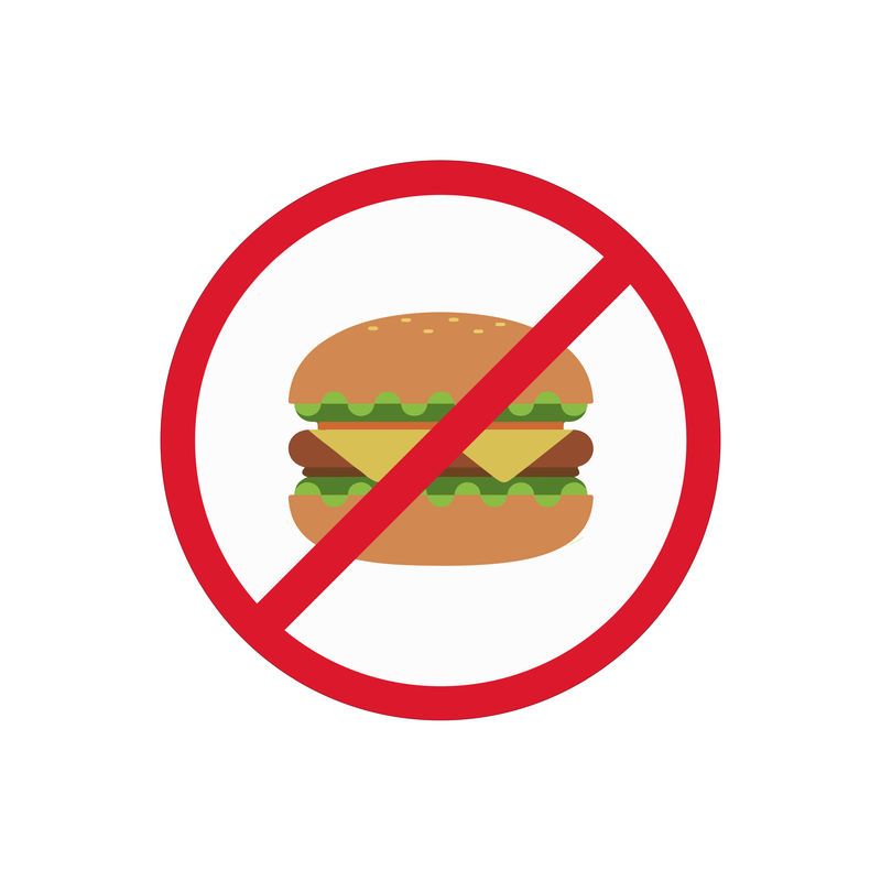 快餐禁令标志在白色透明背景上-汉堡包在禁止的红色圆圈内与十字线相交-饮食不好的地方