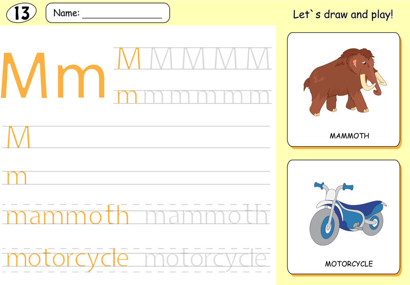 卡通猛犸象和摩托车。字母表跟踪工作表：书面