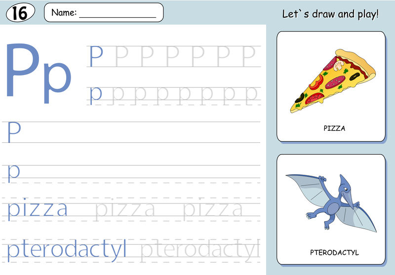 卡通披萨和翼手龙。字母表跟踪工作表：书面