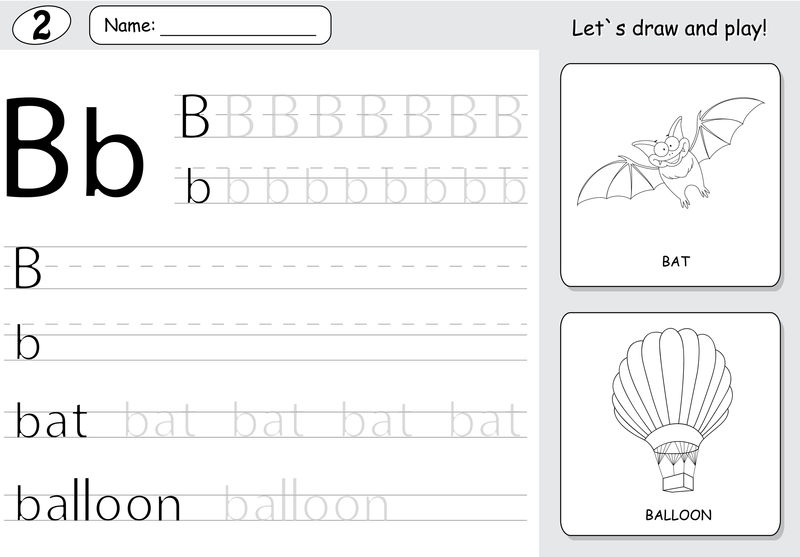 卡通球棒和气球。字母表跟踪工作表：编写A-Z