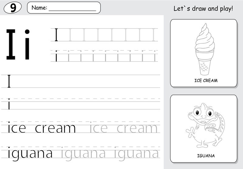 卡通冰淇淋和鬣蜥。字母表跟踪工作表：书写