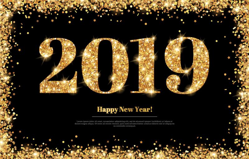 2019新年快乐贺卡-金色数字和黑色背景的彩纸框-矢量图-圣诞快乐传单或海报设计