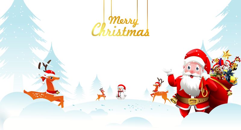 圣诞快乐-新年快乐-圣诞大雪和驯鹿中-圣诞老人正拿着一袋礼物挥手致意-矢量插图贺卡海报横幅