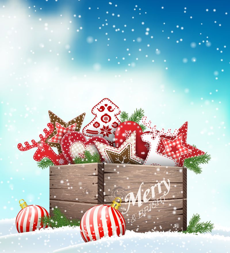一组圣诞装饰品放在旧木箱里-站在雪地里-节日主题-矢量图-EPS 10透明渐变网格