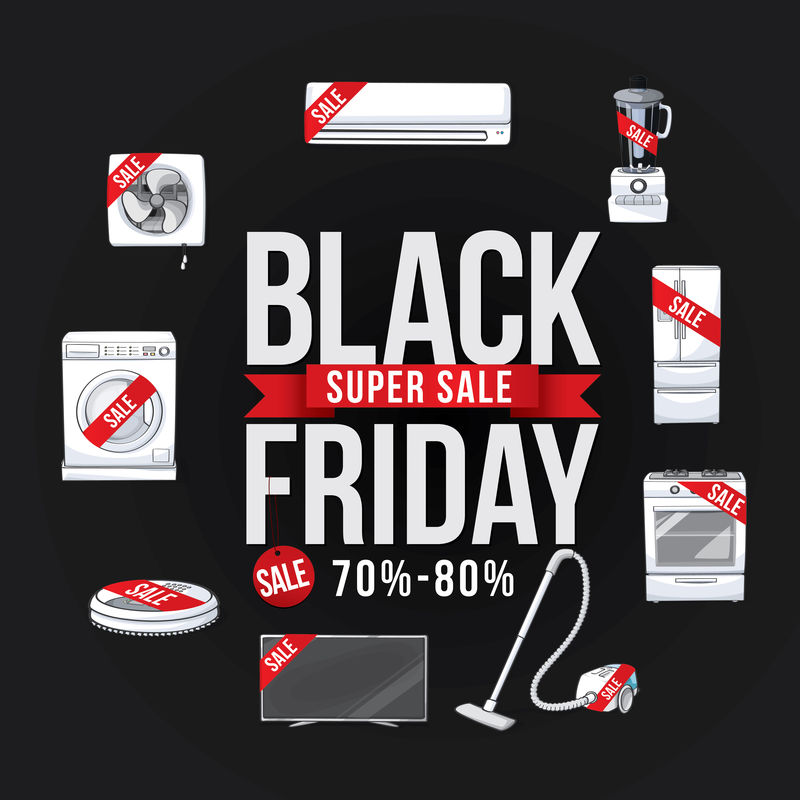 黑色星期五购物电器广告海报-折扣70%-80%-矢量图解