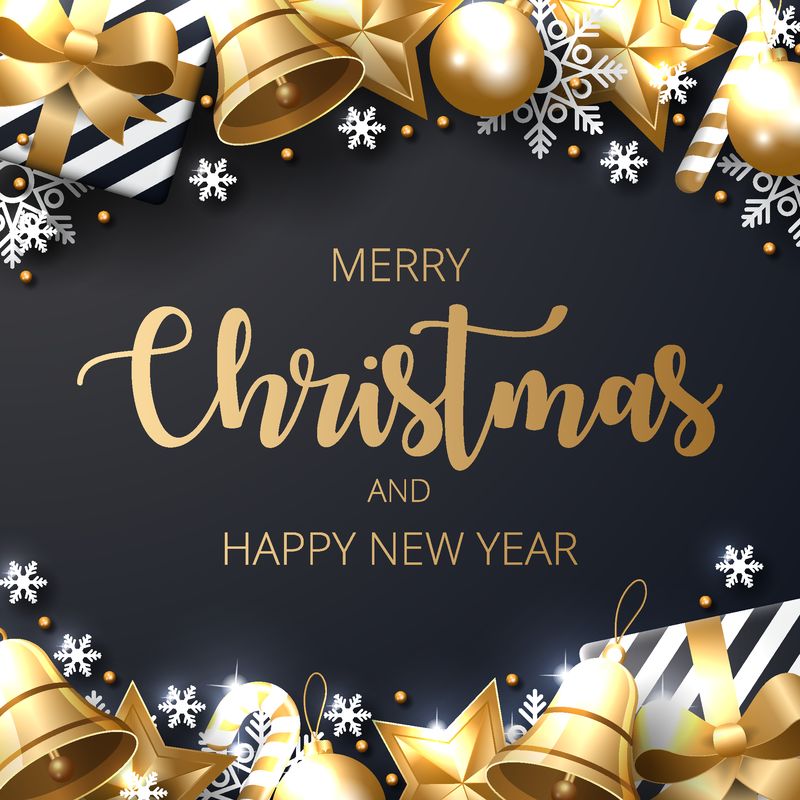 圣诞快乐的背景与闪亮的金白色装饰-由雪花、礼物、糖果、铃铛、星星、圣诞球制成-矢量图解
