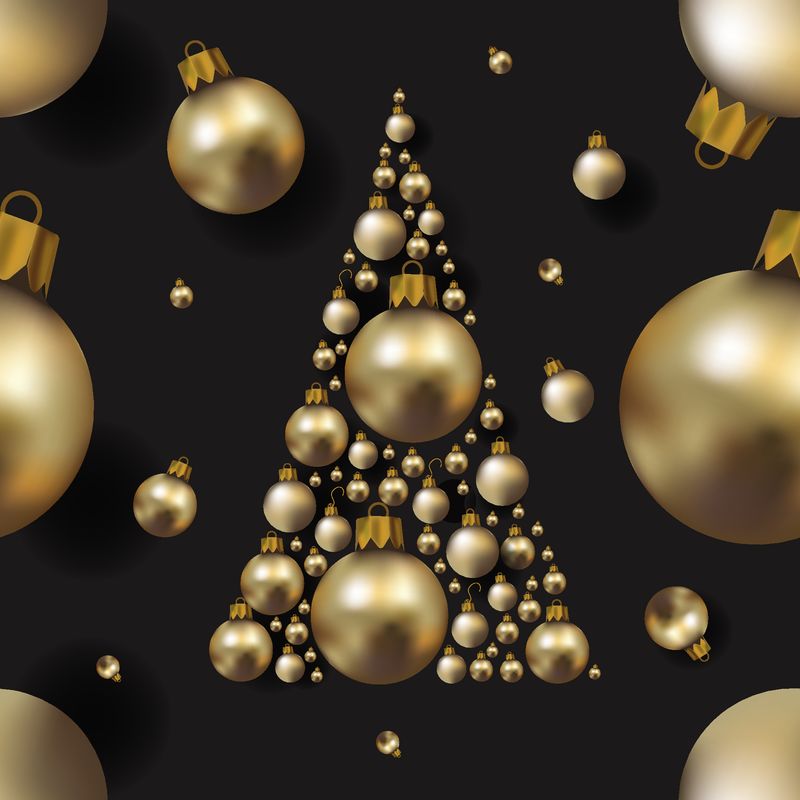 圣诞树无缝重复图案与现实的金色圣诞饰品或装饰品-EPS10矢量图