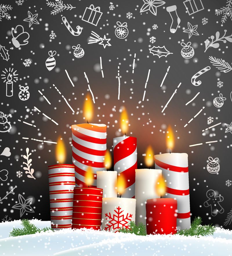 圣诞背景-黑底红白蜡烛-粉笔涂鸦-矢量图-透明EPS 10