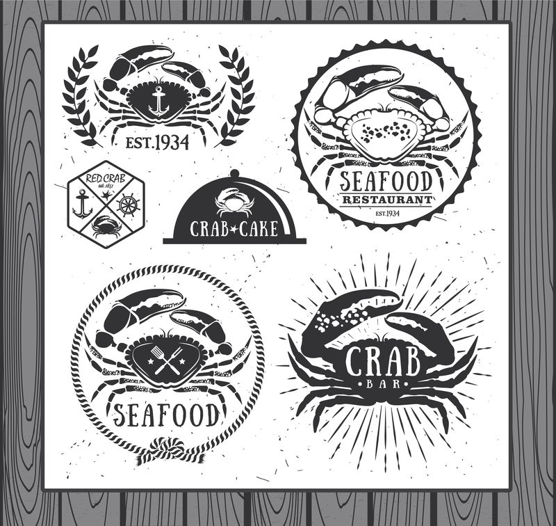 一套古董海鲜标签、徽章和设计元素