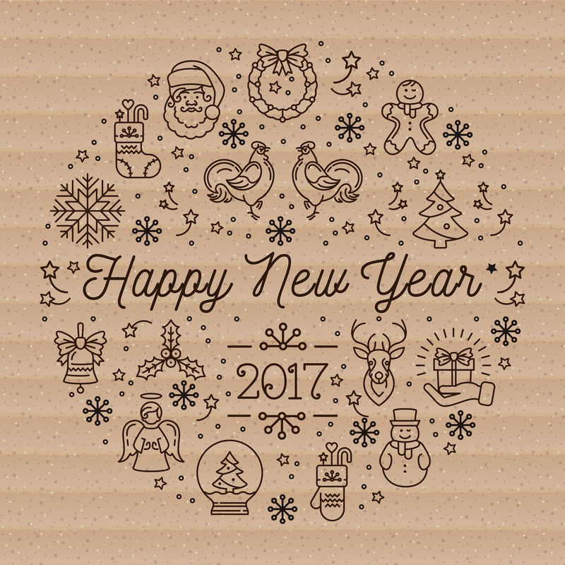 2017年新年快乐纸板背景上的线性图标