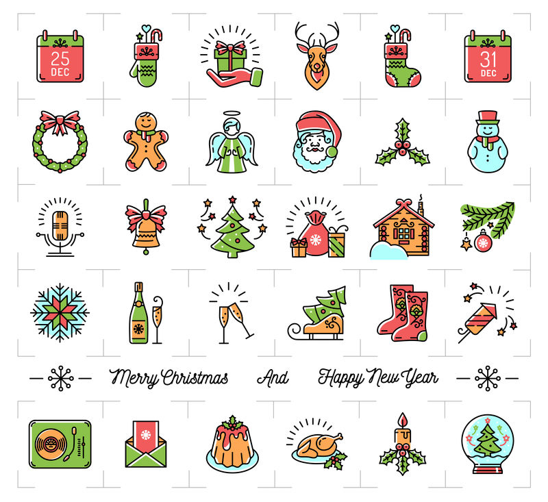 圣诞图标集，新年符号，冬季节日装饰元素
