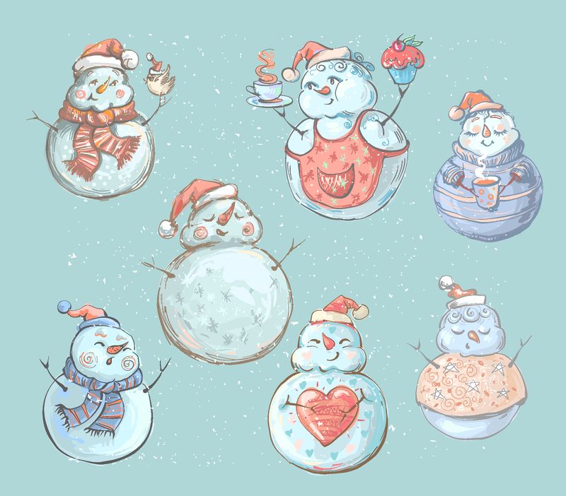 一组可爱有趣的雪人-圣诞人物系列的元素-新年快乐-圣诞快乐设计元素-适用于卡片、横幅、广告牌、传单、海报-矢量图解