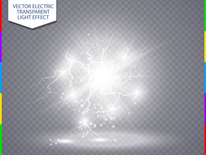 白色抽象能量冲击爆炸特殊光效应带火花-矢量辉光功率闪电群-透明背景下的放电-高压带电芯