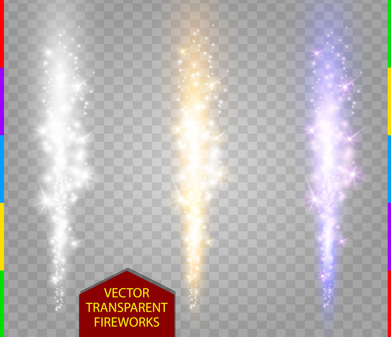 抽象的烟火装置-矢量喷灯的火花特别效果-明亮的火柱-白色-金色和紫色-透明背景-圣诞灯系列