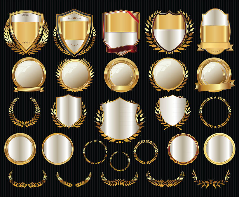 金色盾牌月桂花环和徽章收藏