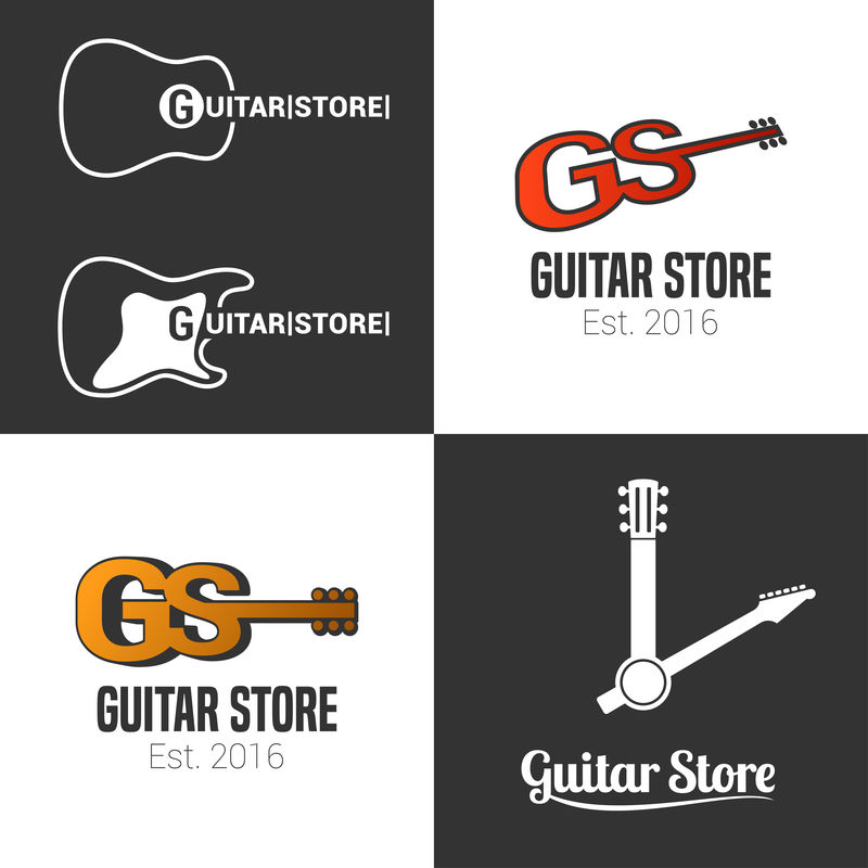 吉他商店，音乐商店的矢量图标，符号，徽章，标志集