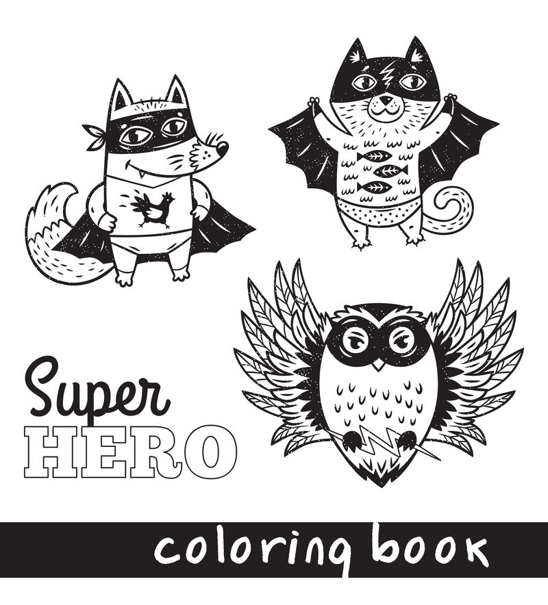 超级英雄服装中的手绘轮廓卡通动物