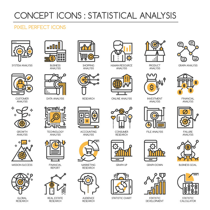 统计和分析图标、细线图标集、像素性能