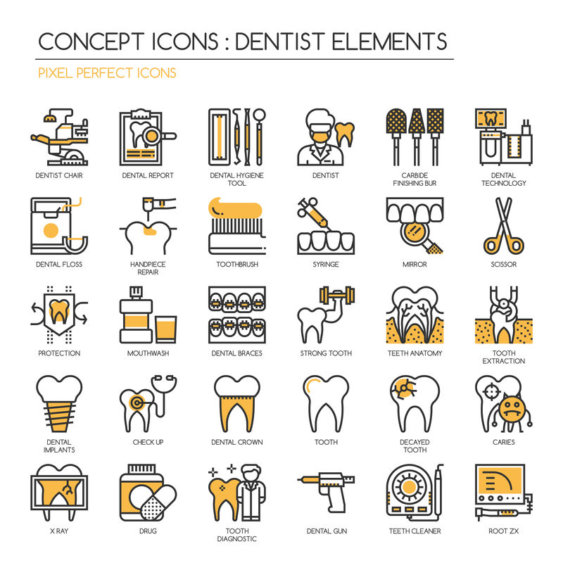 牙医元素、细线和像素完美图标
