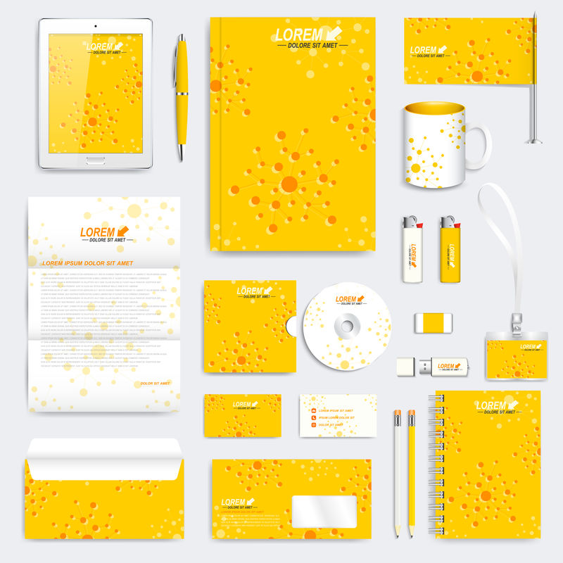 黄色矢量公司标识模板集。现代医学文具模型。品牌设计与分子。医学、科学、技术概念。