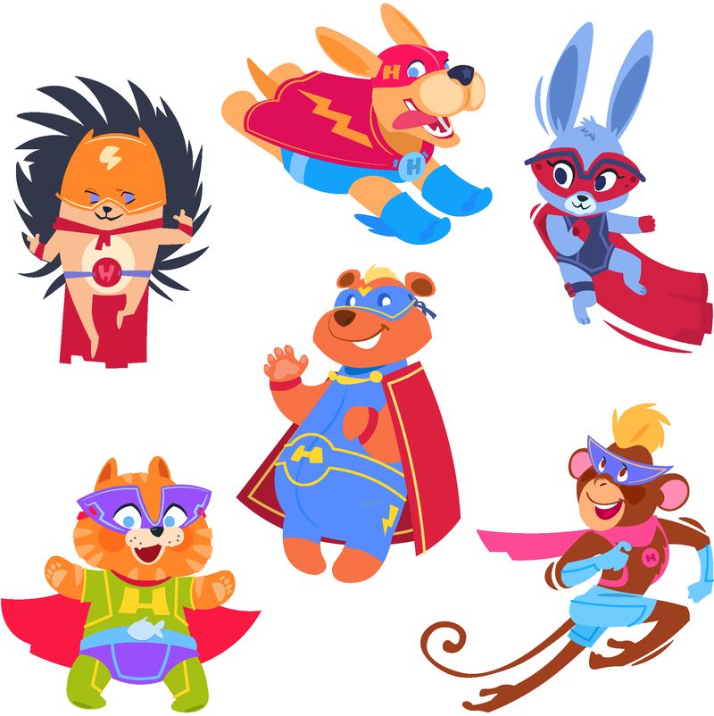 超级英雄动物儿童-穿着超级英雄服装的有趣动物-cosplay矢量字符集-保护者与救世主、刺猬兔猴图