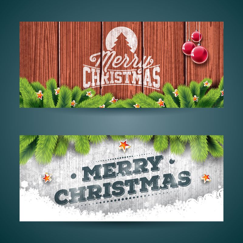 矢量圣诞快乐横幅说明与排版设计和松树树枝上的老式木材背景-EPS 10插图