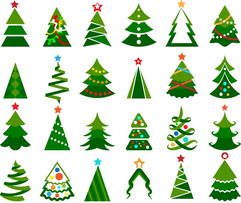 圣诞树矢量集-白色背景下的球形圣诞树卡通彩色插图