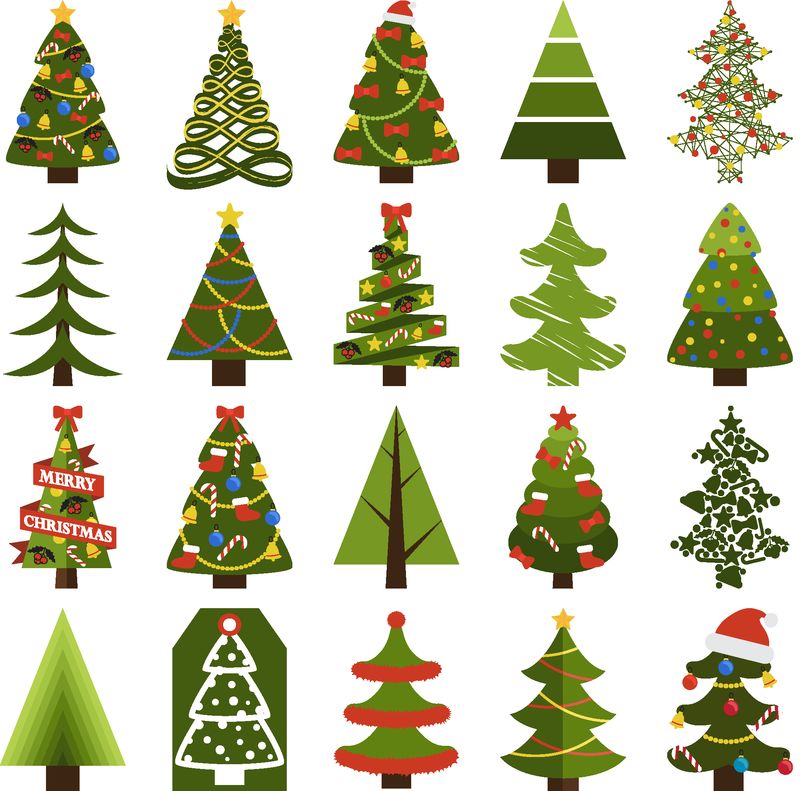 圣诞树在自然条件下和节日装饰孤立的卡通平面矢量插图设置在白色背景
