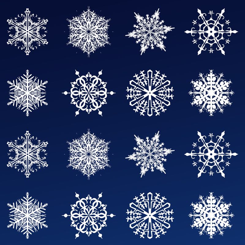 雪花矢量图标背景设置为蓝色-冬季白色圣诞雪花水晶元素-天气说明冰收集-圣诞节霜平孤立轮廓符号