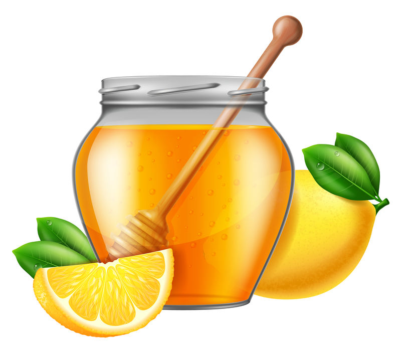 一罐蜂蜜加上木细雨和柠檬-矢量图