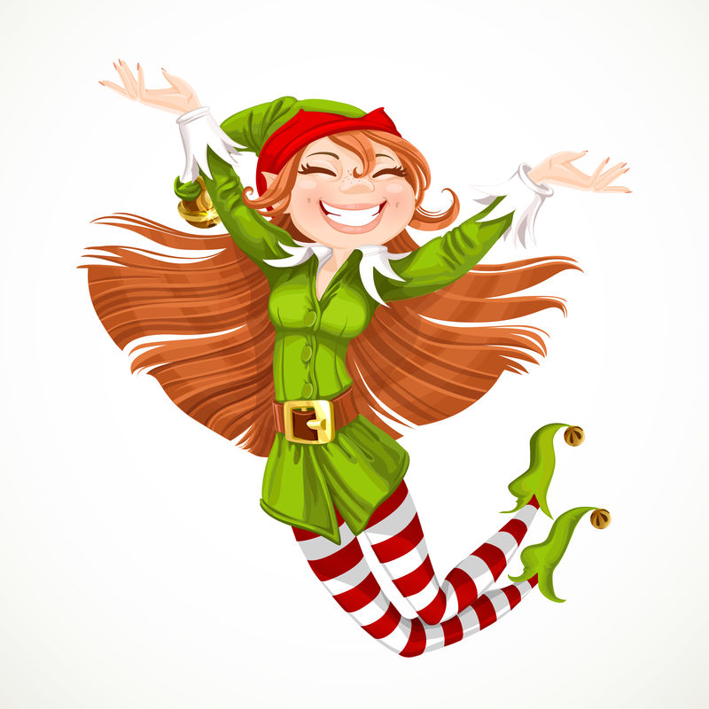 可爱的小女孩圣诞小精灵跳起来，白色背景下的欢乐与世隔绝