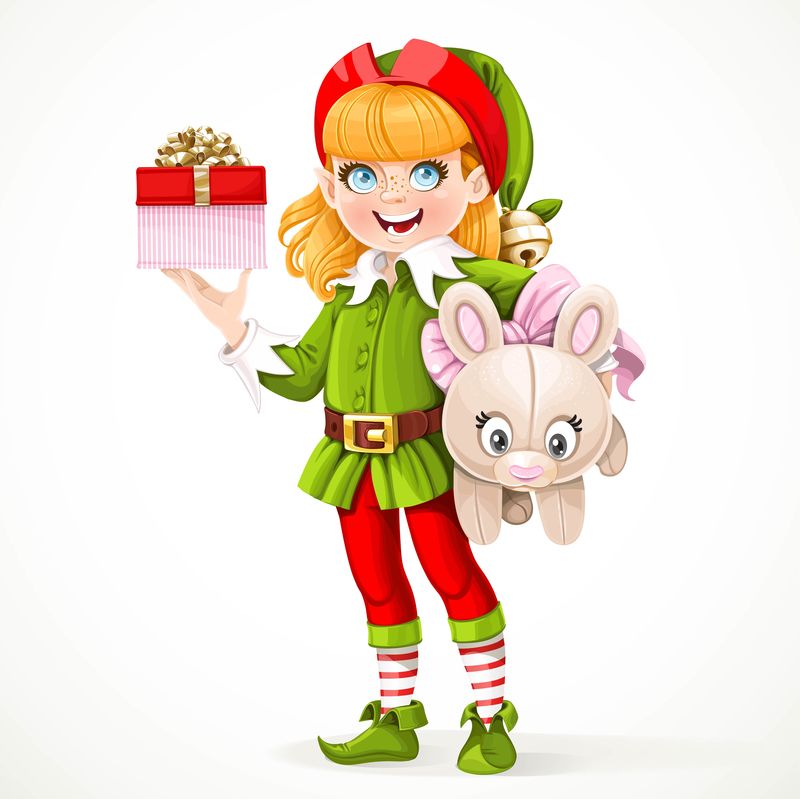 可爱的小精灵圣诞老人的助手拿着腋下的大毛绒玩具