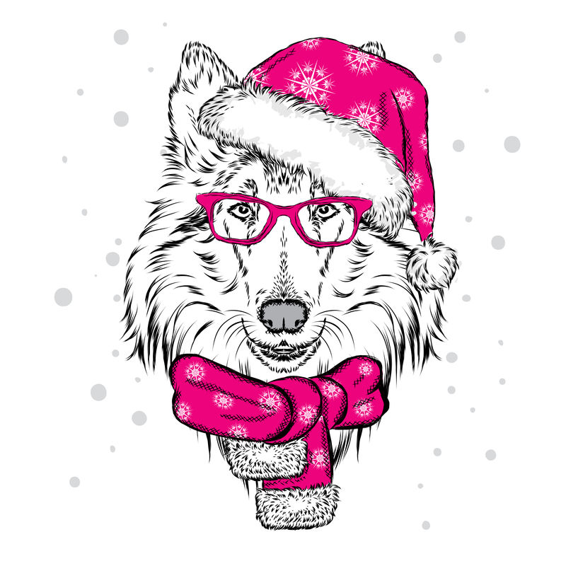 戴着圣诞帽戴着太阳镜的可爱狗-卡片、海报或印在衣服上的矢量图-家谱犬-牧羊犬-冬天、圣诞节和新年