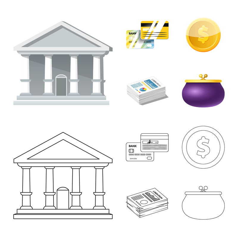 银行和货币符号的矢量图-用于Web的银行和票据库存符号集合