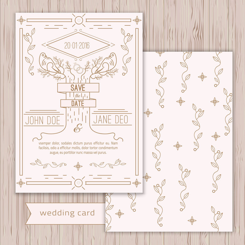 矢量保存日期卡模板-婚礼邀请在时尚的线性风格与树，标签和鸟类在分支。EPS10