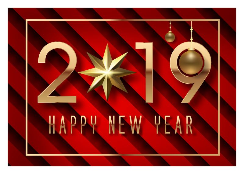 2019新年快乐-红色背景上的金色剪纸艺术和工艺风格-金星和圣诞球金