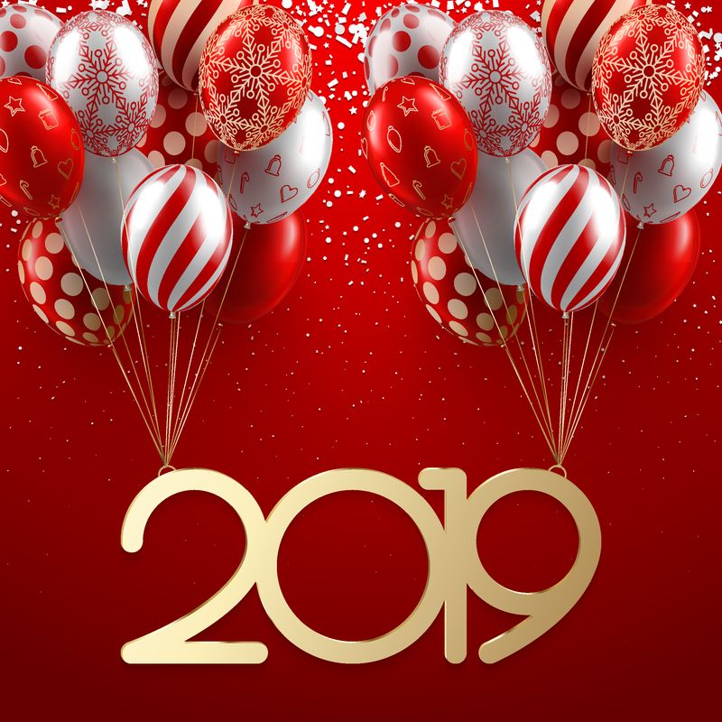 红色的圣诞节和2019年新年贺卡-有闪亮的气球和五彩纸屑-矢量背景