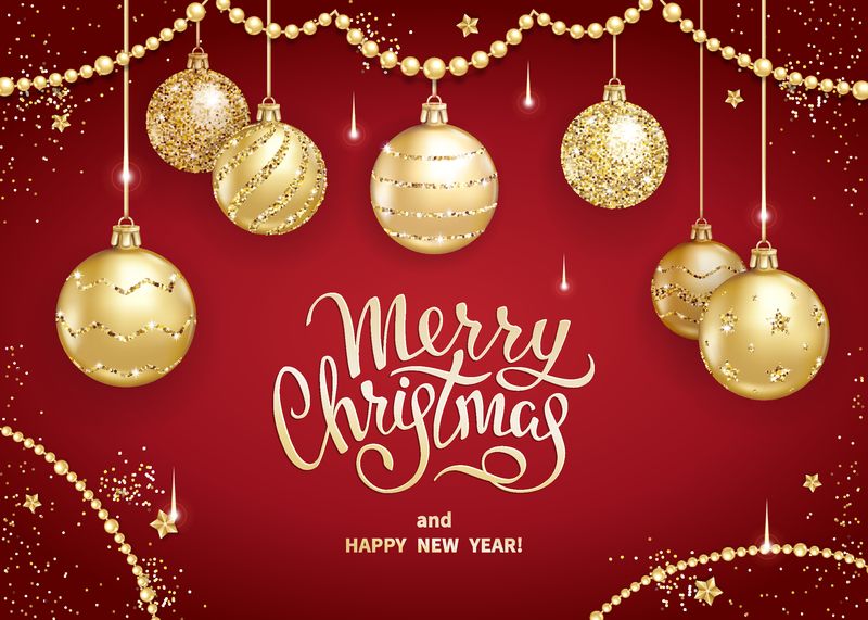 圣诞快乐和新年快乐贺卡或横幅模板与现实的金色圣诞球-星星和亮片-红色背景上手写的优雅字体-矢量图解
