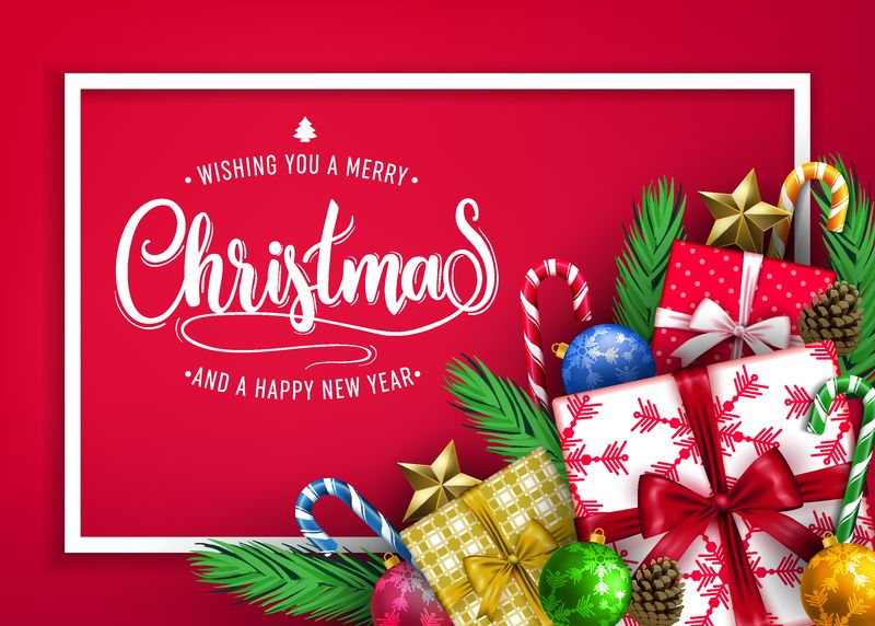 前视图圣诞假日横幅设计-祝你圣诞快乐-白色框架内的新年贺信印刷-有礼物、球、星星、糖果手杖和红松果B