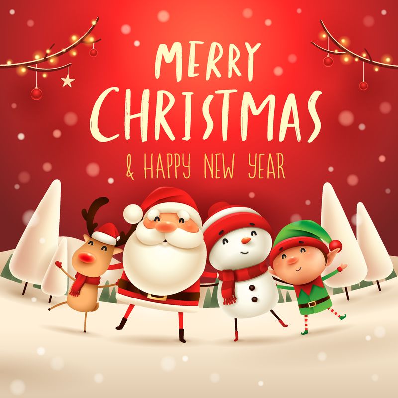 圣诞快乐！圣诞快乐-圣诞雪中的圣诞老人、雪人、驯鹿和精灵
