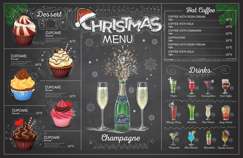 古典粉笔画圣诞菜单设计与香槟。休息