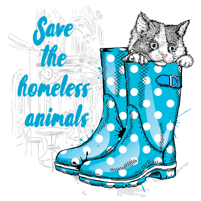 穿着靴子的可爱小猫-卡片或印在衣服上的矢量图-慈善海报-拯救无家可归的动物